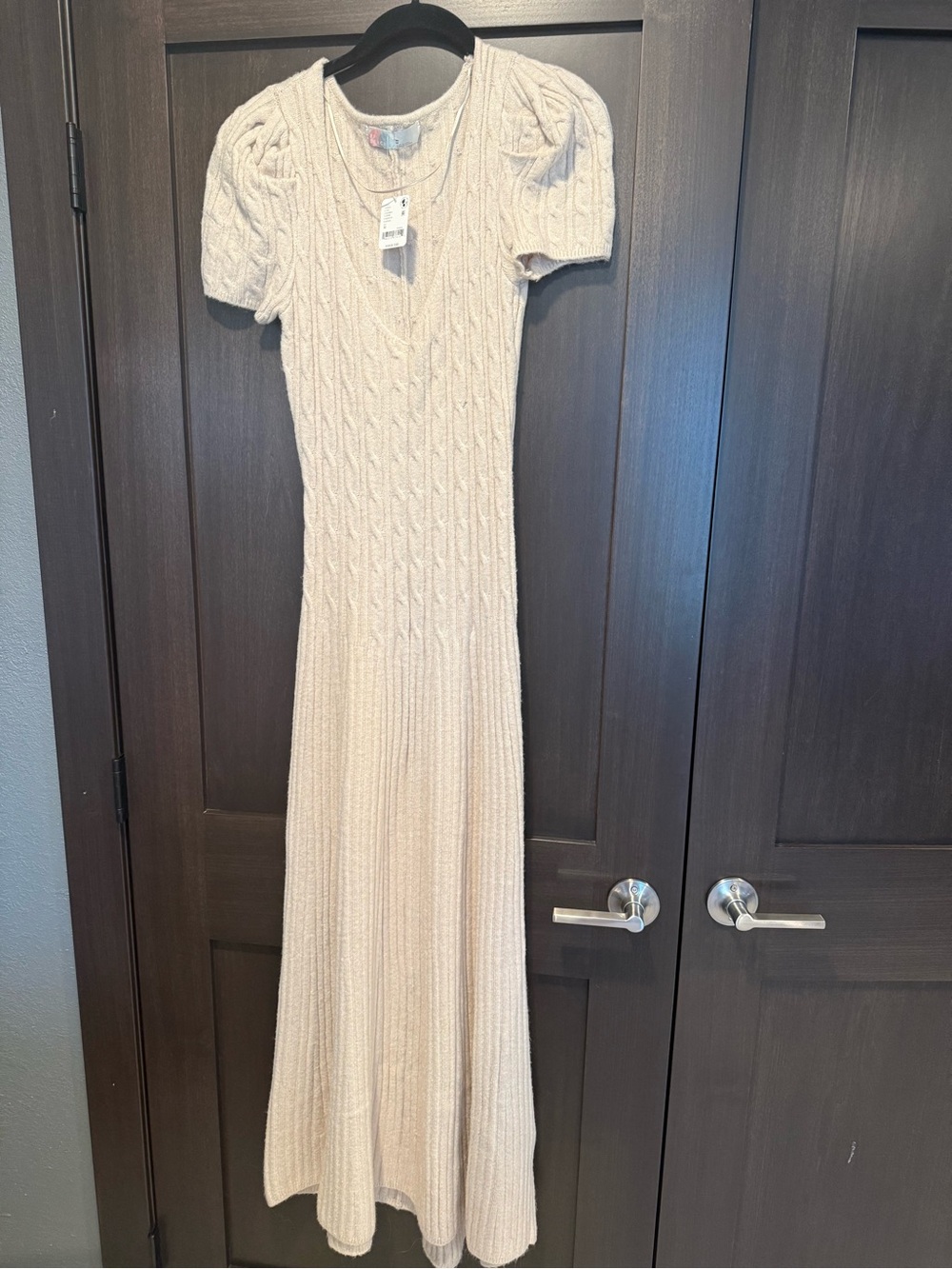 NWT FP Beach Cream Cable-Knit Puff Sleeve Maxi Dress